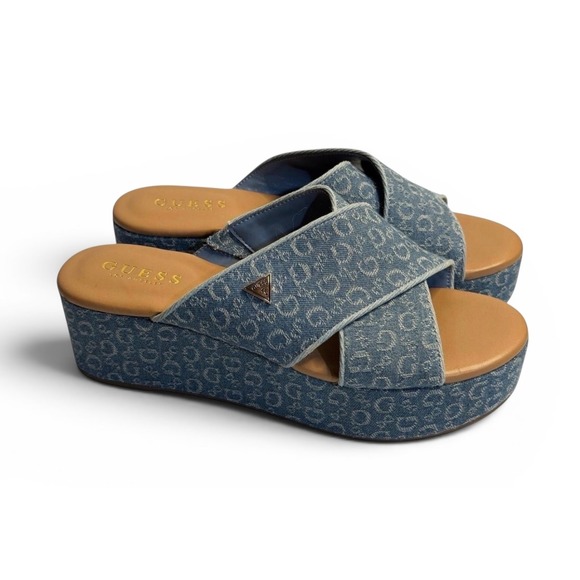Guess Shoes - GUESS Denim Logo Platform Wedge Sandals Crisscross Womens SZ 7.5M Stylish Casul